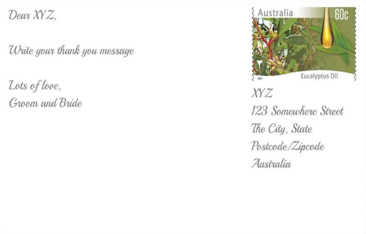 Example of a wedding thank you postcard with wording for guests after receiving gifts in Australia