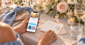 wedding guest buying a gift off a registry via phone