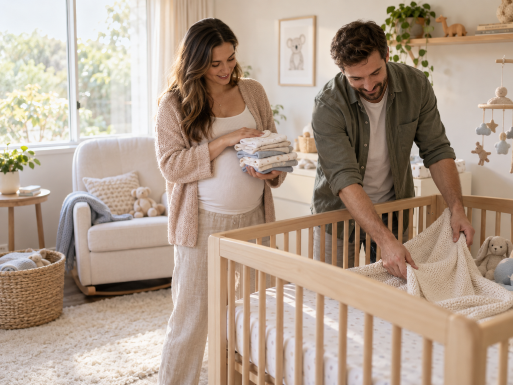 Couple preparing a baby nursery