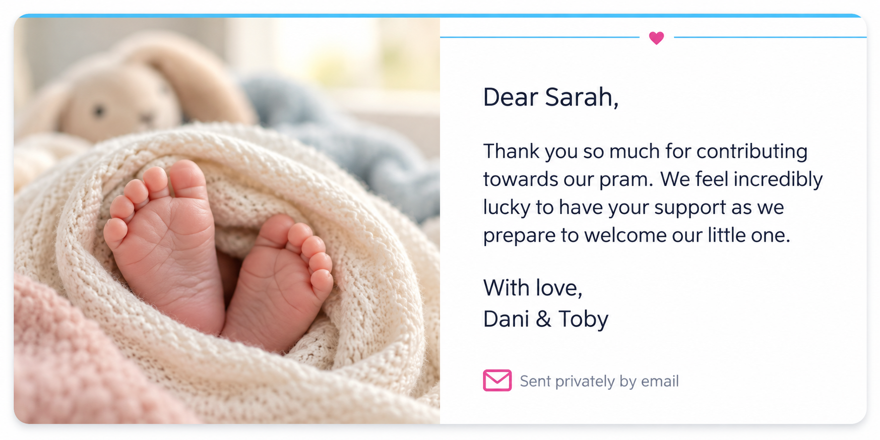 baby registry thank you email postcard