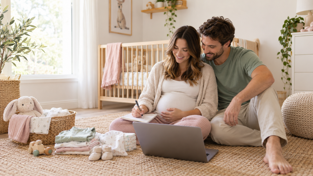 Expectant parents planning a baby gift registry in their nursery
