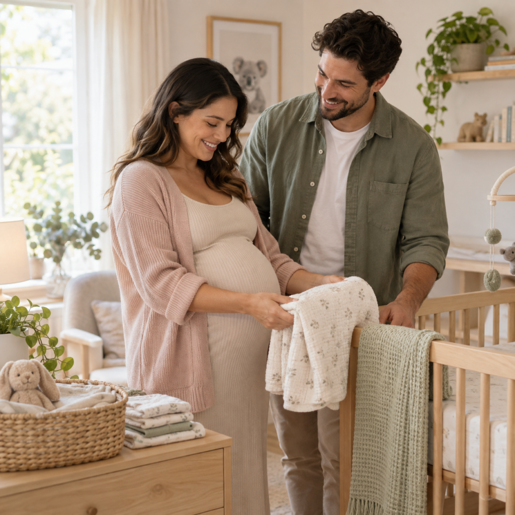Expectant parents preparing their flexible baby registry