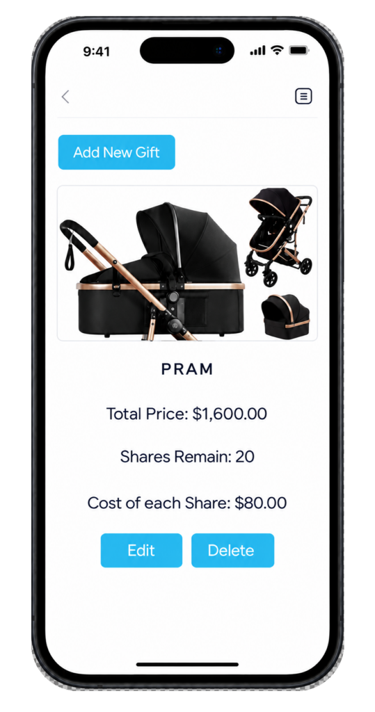 pram contribution on registry mobile phone view