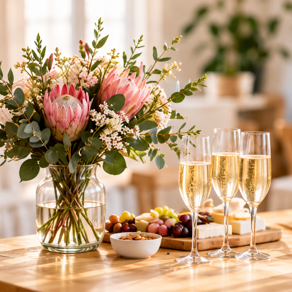 bunch flowers and champagne